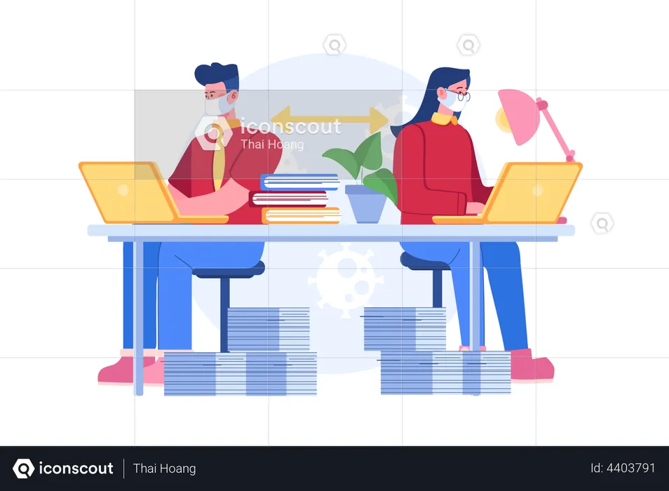Office employee at a safe social distance  Illustration