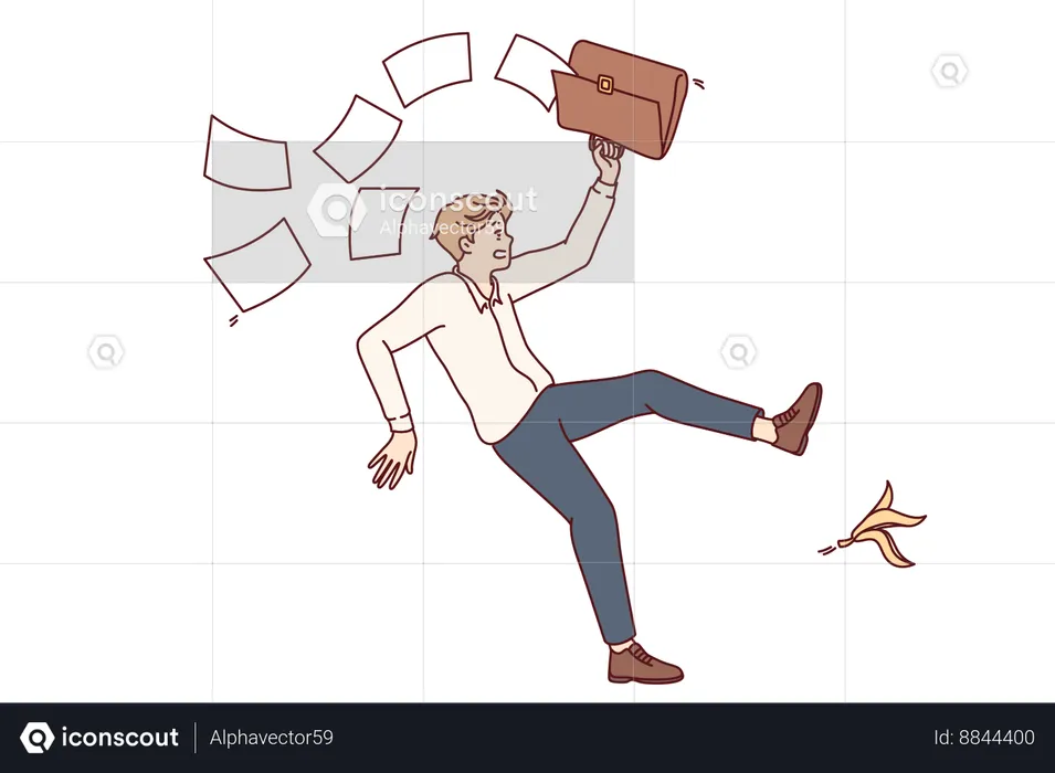 Office employee slipped on banana peel and scattered documents from briefcase  Illustration
