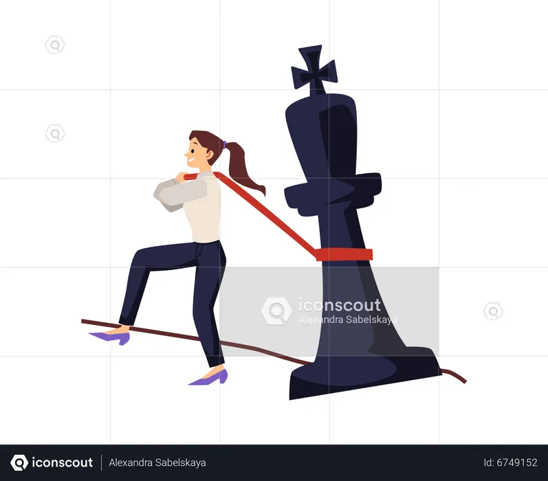 Office girl drags huge chess figure  Illustration