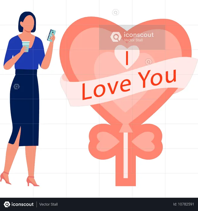 Office lady standing near love bouquet  Illustration