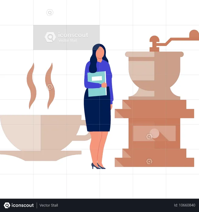 Office lady standing next to maker machine  Illustration