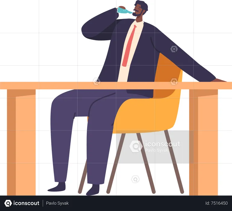 Office Man Character Sit At Desk, Taking Refreshing Break. He Reaches For A Bottle, Quenching His Thirst With A Cool Sip  Illustration