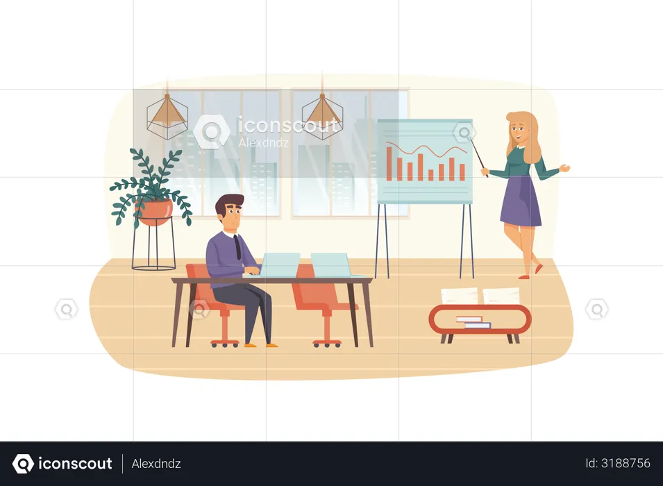 Office manager makes report presentation  Illustration