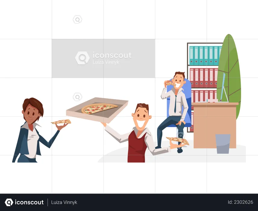 Office People eating Pizza at Lunch Time  Illustration