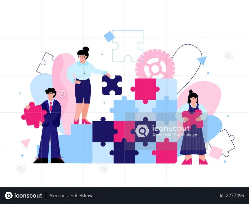Office people solving jigsaw puzzle together  Illustration