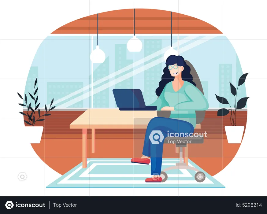 Office woman at the desk with a laptop  Illustration