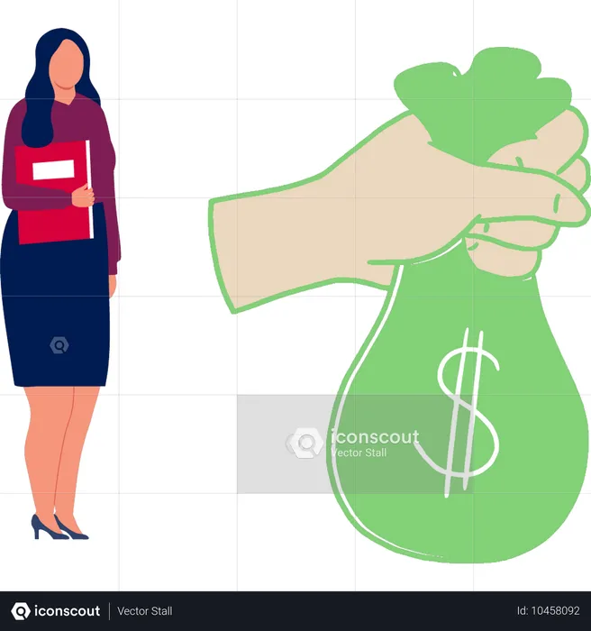 Office woman pointing dollar bag  Illustration