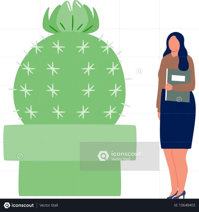 Office woman standing near cactus plant  Illustration