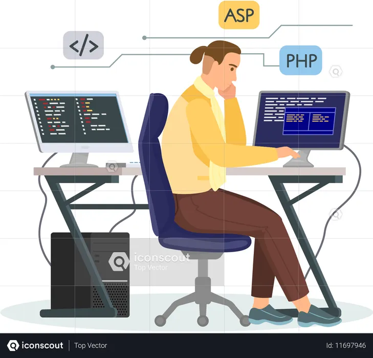 Office worker male sitting at table with computer programmer writes program code  Illustration