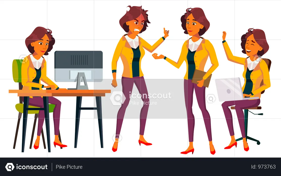 Office Worker Vector. Woman. Business Person. Face Emotions, Gestures. Situations. Flat Cartoon Illustration  Illustration