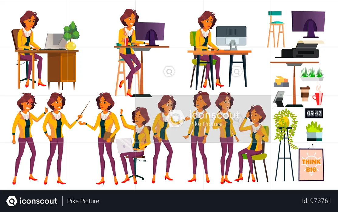 Office Worker Vector. Woman. Modern Employee, Laborer. Poses. Business Worker. Office. Face Emotions, Various Gestures. Animation Creation Set. Isolated Cartoon Character Illustration  Illustration