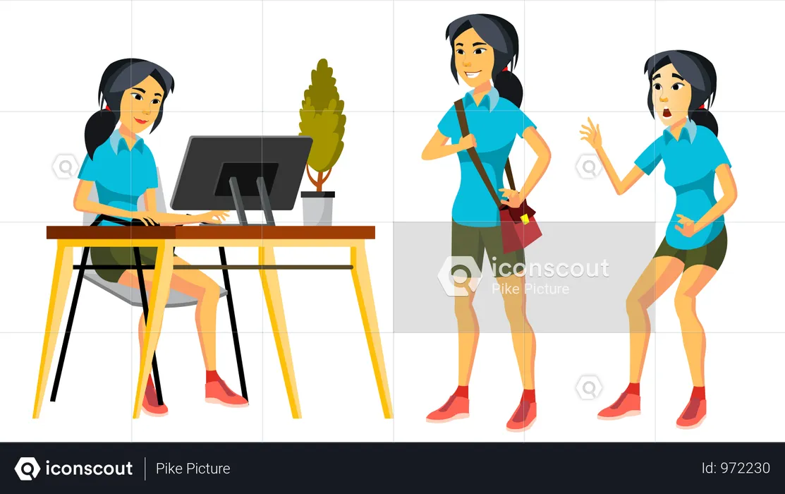 Office Worker Vector. Woman. Professional Officer, Clerk. Business Japanese Female. Lady Face Emotions, Various Gestures. Isolated Flat Character Illustration  Illustration