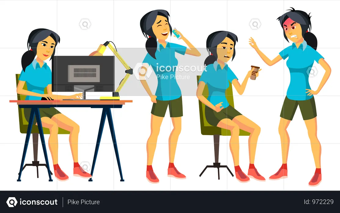 Office Worker Vector. Woman. Successful Officer, Clerk, Servant. Asiatic, China. Japanese Adult Business Woman. Face Emotions, Various Gestures. Isolated Flat Cartoon Illustration  Illustration