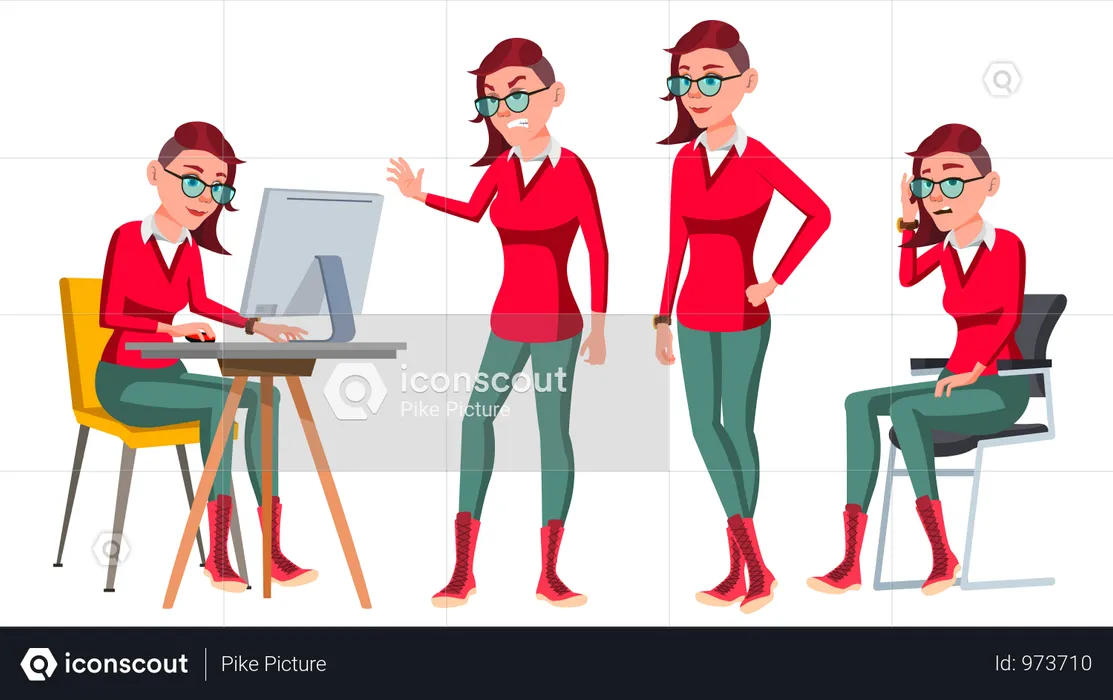 Office Worker Working On Desk With Different Pose And Gesture  Illustration