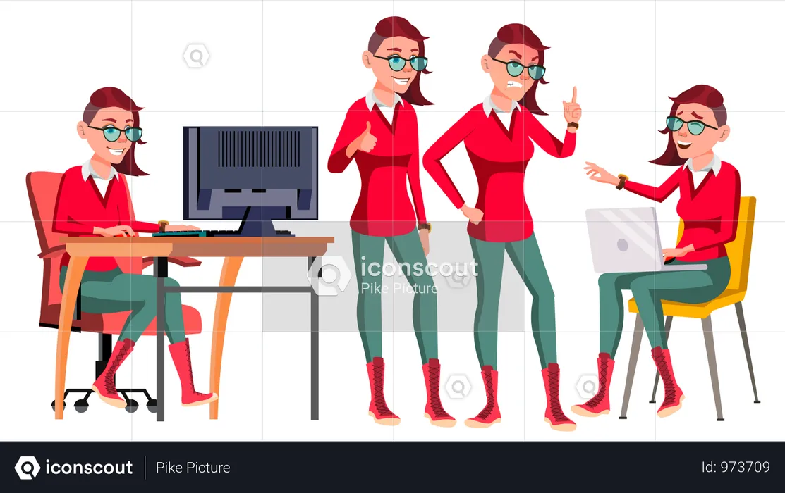 Office Worker Working On Desk With Different Pose And Gesture  Illustration