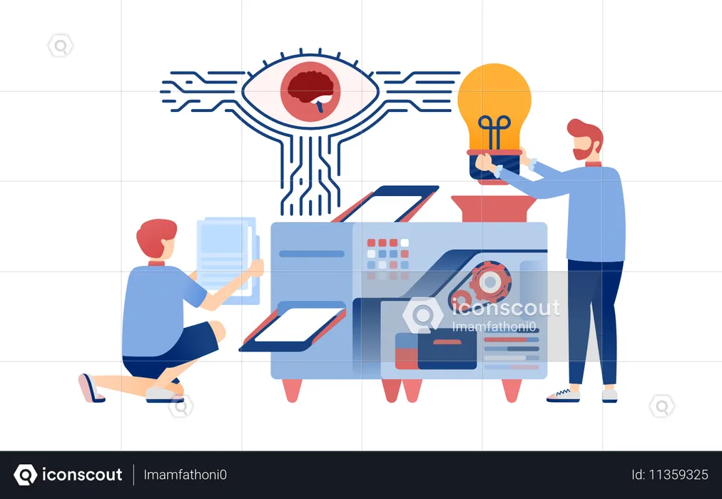 オフィスワーカーがAIと学習マシンを活用して革新的なアイデアを簡単に生み出す  イラスト