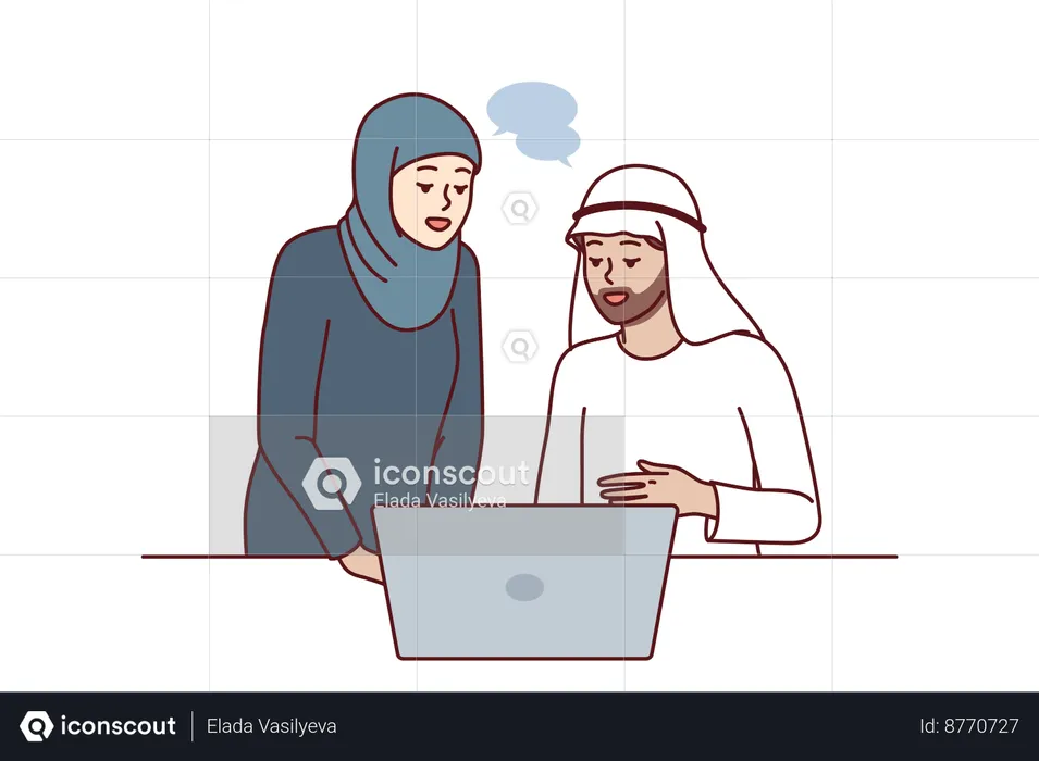 Office workers in arabic clothing discussing business presentation  Illustration