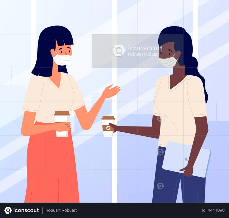 Office workers speaking and wearing protection masks in coffee break  Illustration