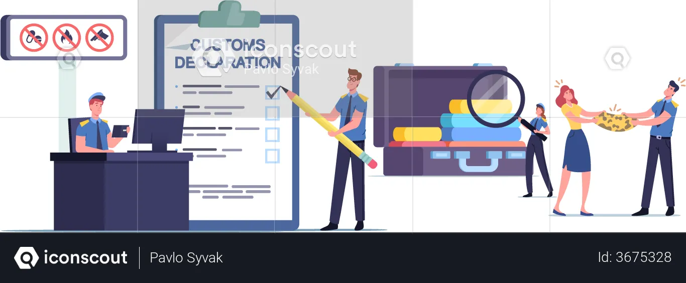Oficial da alfândega preenchendo declaração alfandegária e verificando o passageiro  Ilustração
