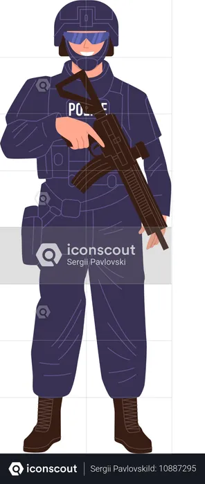 Oficial da SWAT usando capacete e armadura corporal com metralhadora nas mãos  Ilustração