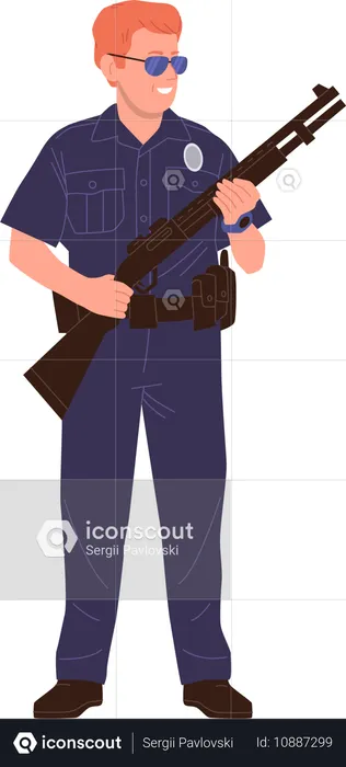 Oficial de policía masculino sonriente y bien equipado, en uniforme, de pie con un arma  Ilustración