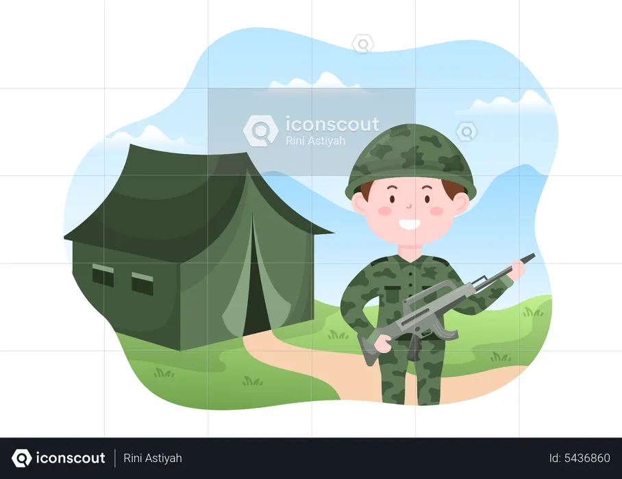 Oficial militar con arma de fuego en una tienda militar  Ilustración