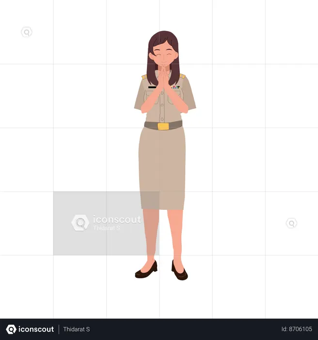 Oficial tailandesa feminina cumprimentando obrigado  Ilustração