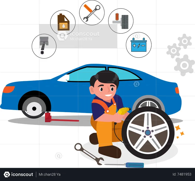 Oficina de conserto e troca de pneus com serviço de mecânico de automóveis para carro com pneu furado  Ilustração