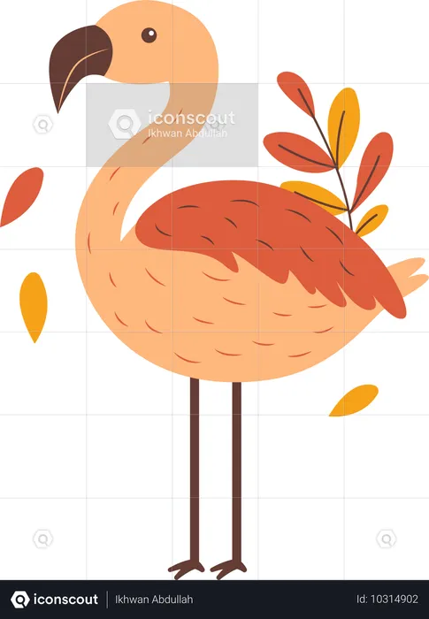 Oiseau Flamant Rose Mignon Avec Des Feuilles  Illustration