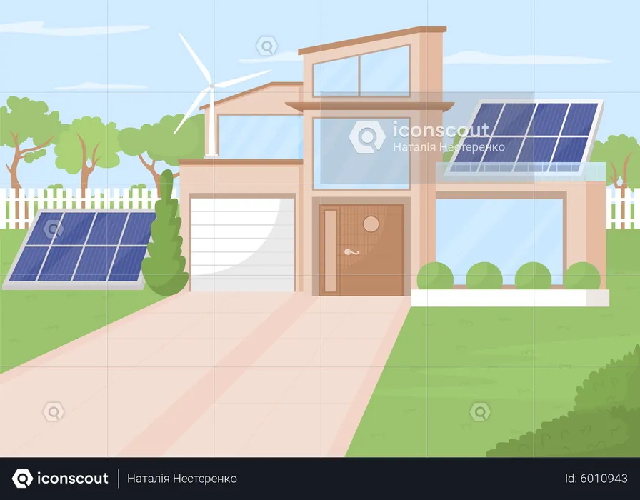 Ökohaus mit Sonnenkollektoren und Windmühlen  Illustration