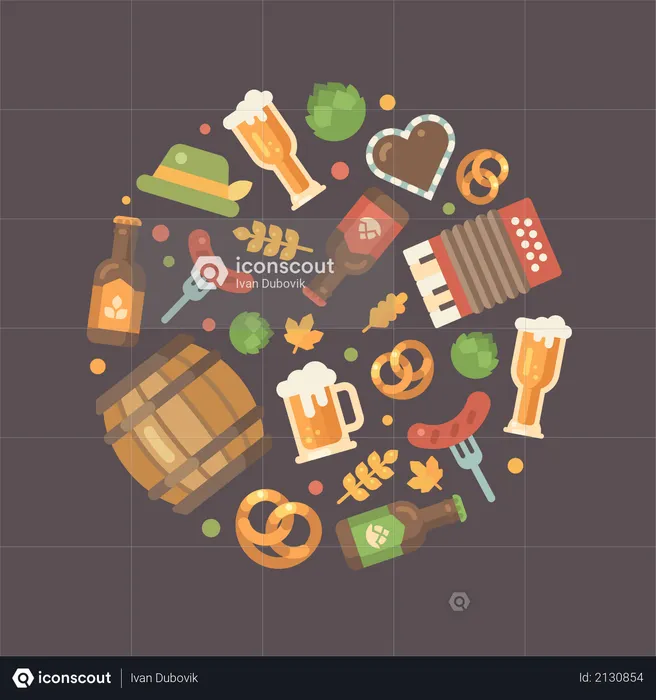 Oktoberfest essentials arranged in a circle  Illustration