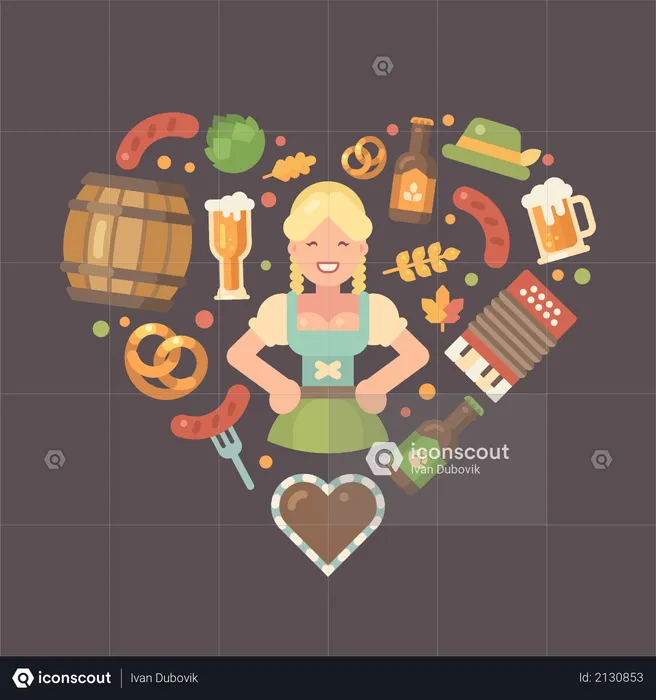 Oktoberfest flat icons arranged into heart around beer maid in dirndl dress  Illustration