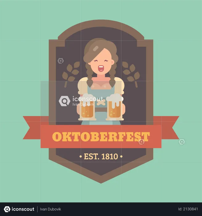 Oktoberfest flat illustration badge with beer maid holding two beer mugs  Illustration