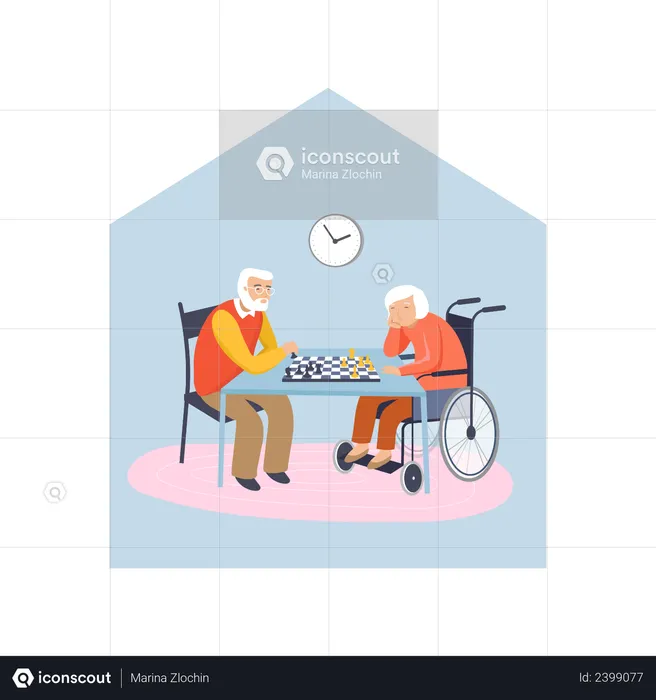Old aged couple playing chess  Illustration