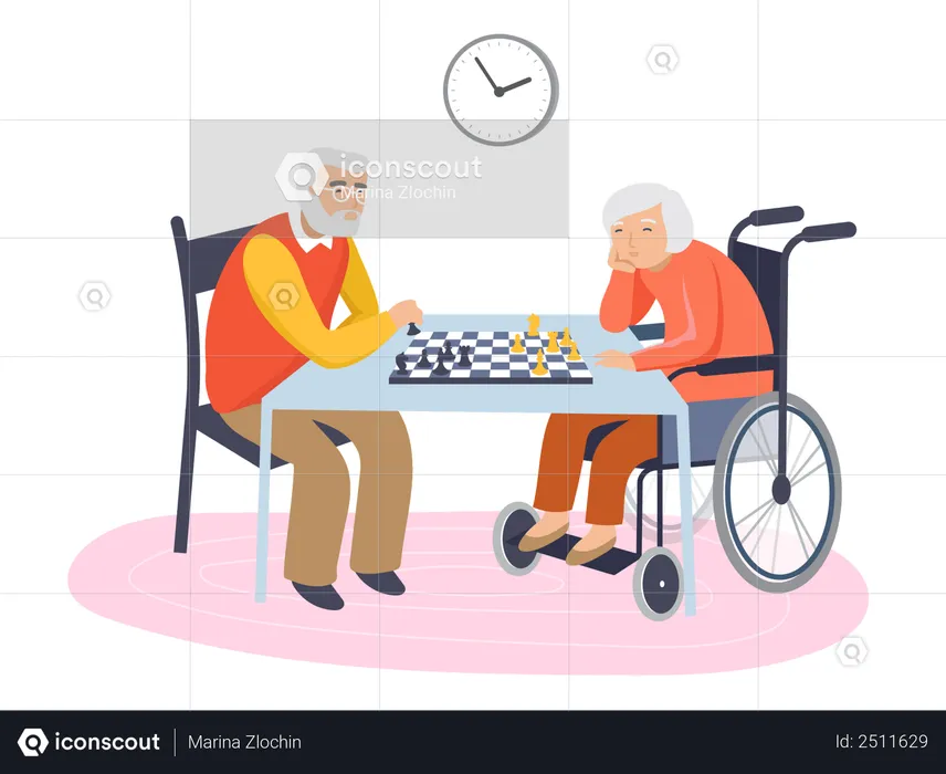 Old aged couple playing chess  Illustration