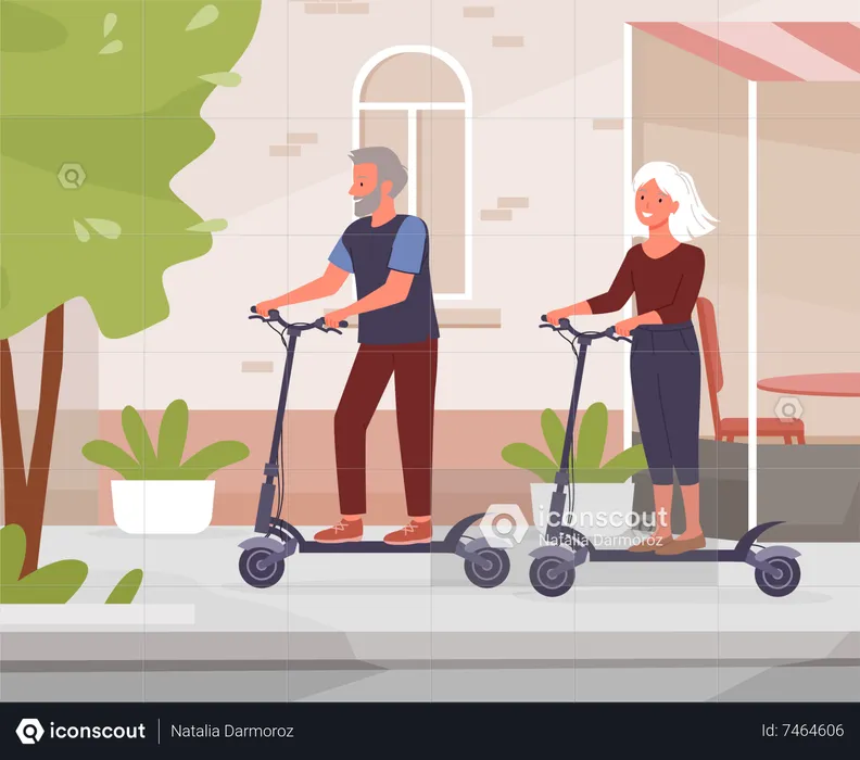 Old aged couple riding electric scooter in city  Illustration