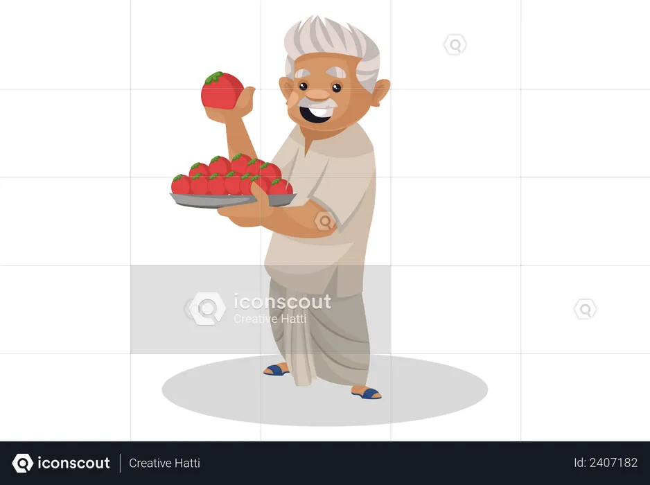 Old aged farmer holding plate of tomatoes in his hand  Illustration