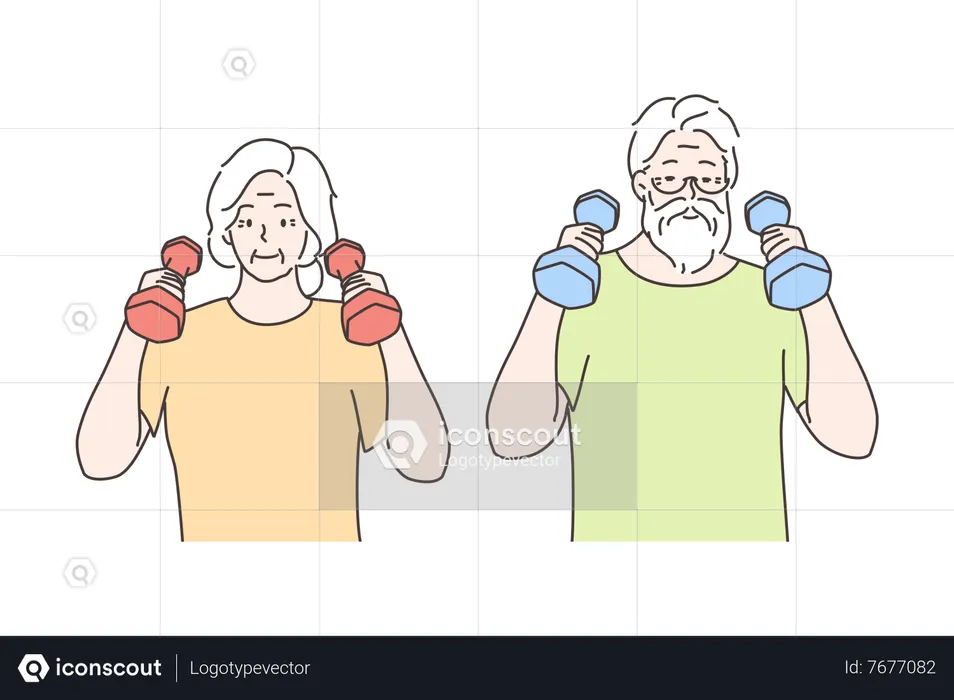 Old aged fit couple lifting dumbbells  Illustration
