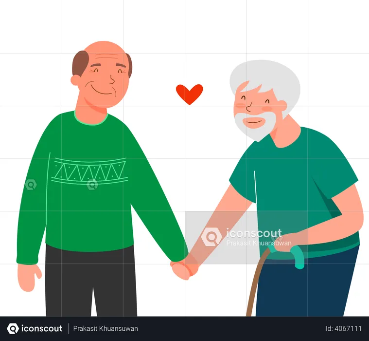 Old aged male couple walking hand in hand  Illustration