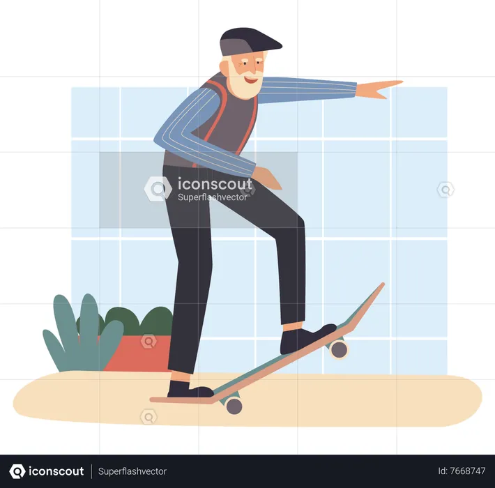 Old aged man riding skateboard  Illustration