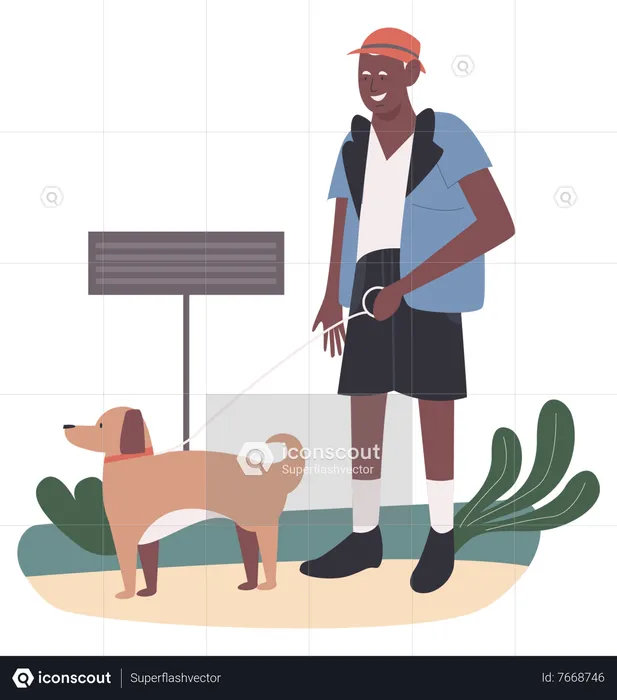 Old aged man walking pet dog  Illustration