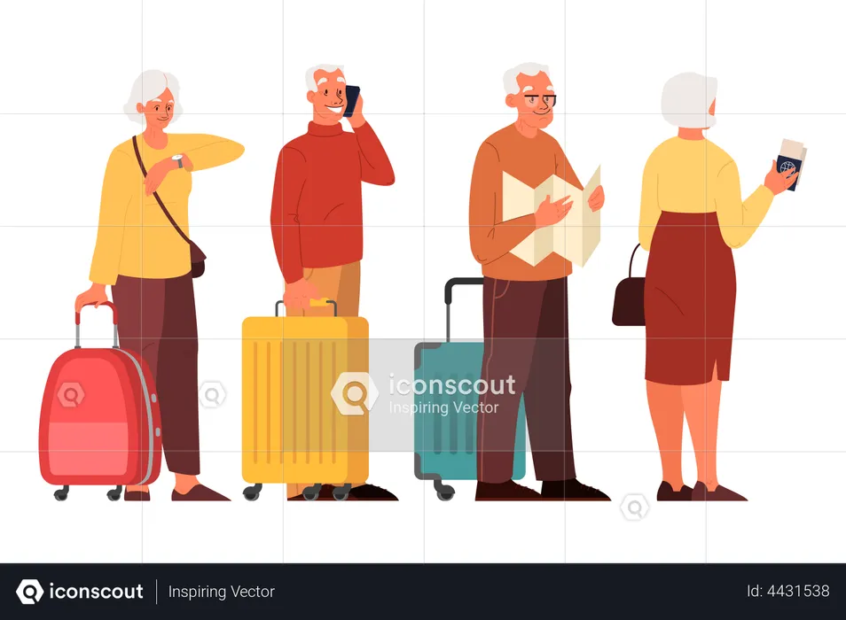 Old aged people waiting in queue at airport  Illustration