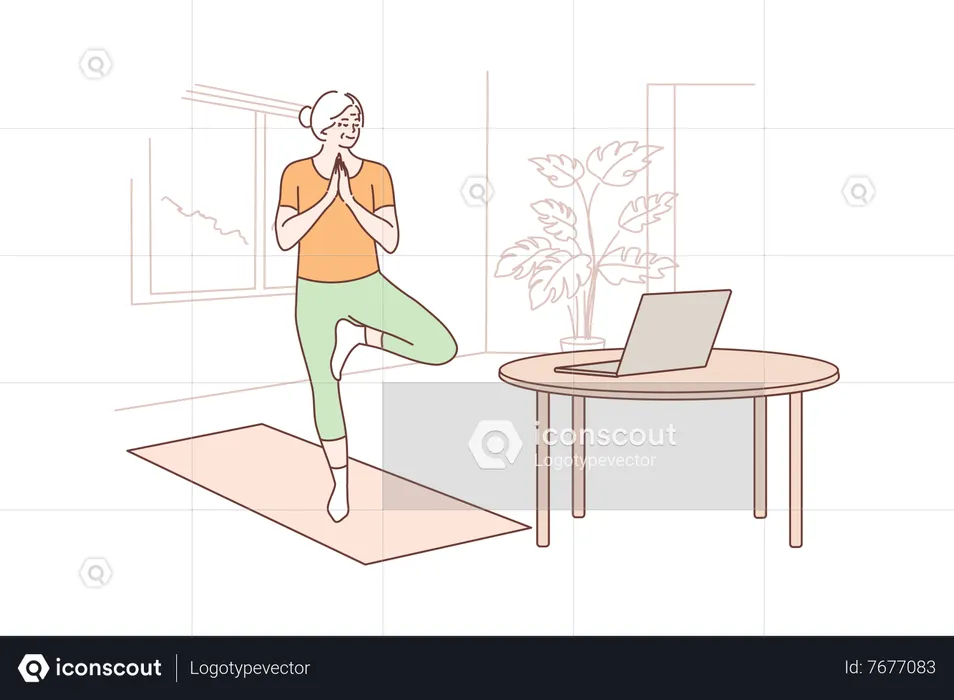 Old aged woman practicing yoga from online tutorial  Illustration