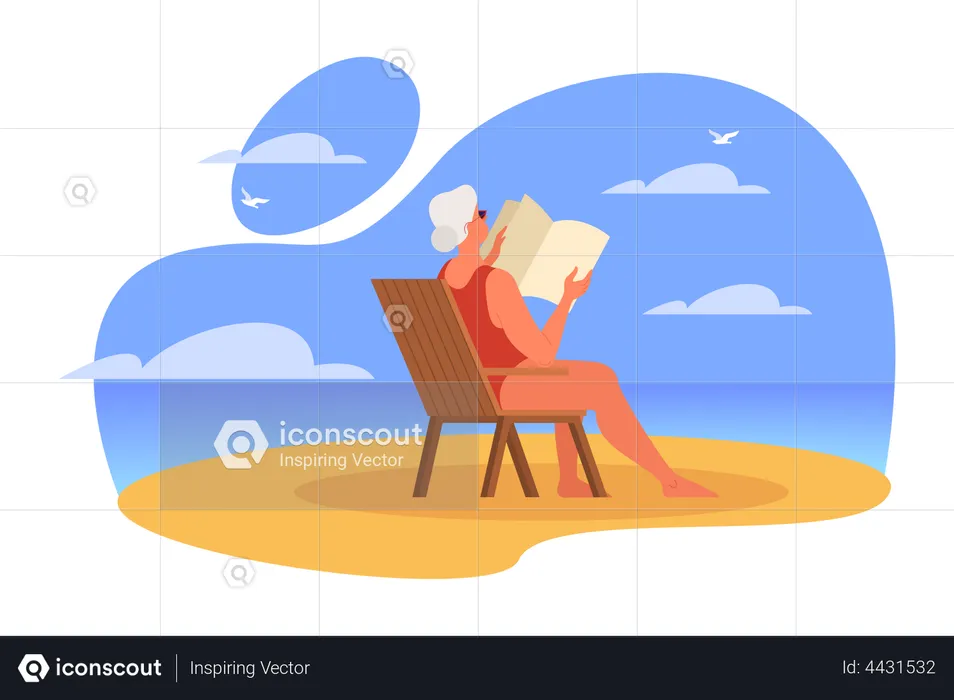 Old aged woman reading book while sitting at beach  Illustration