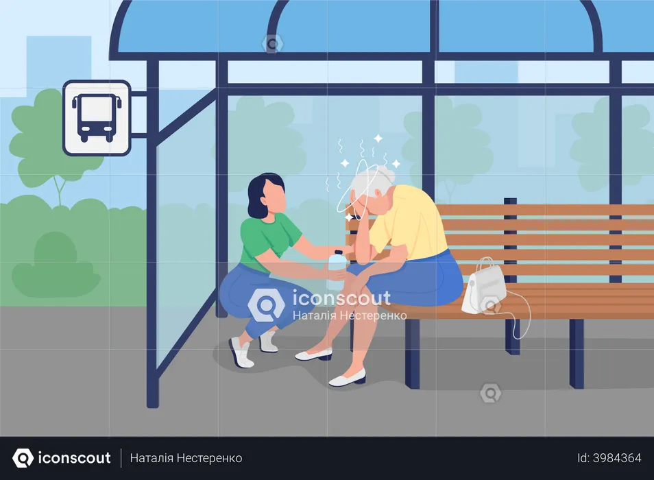 Old aged woman suffering from sunstroke at bus stand  Illustration