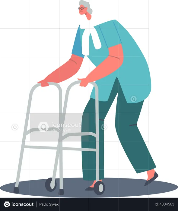 Old aged woman walking with the help of Front-wheeled Walker  Illustration