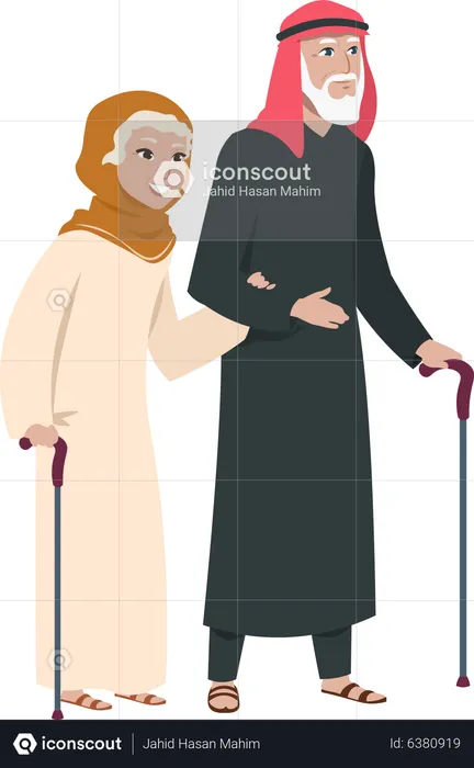 Old arab couple walking together  Illustration