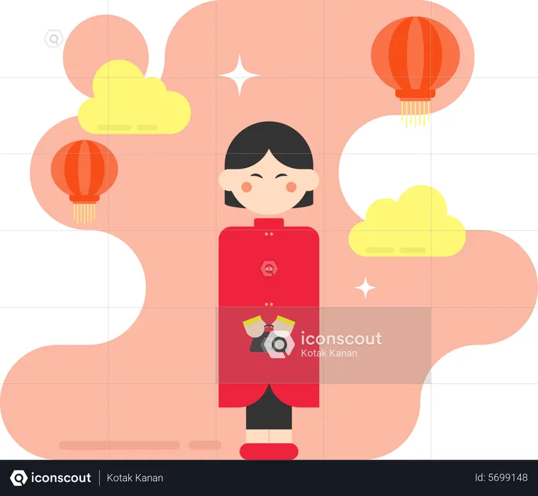 Old Chinese Woman Hold A Bag  Illustration