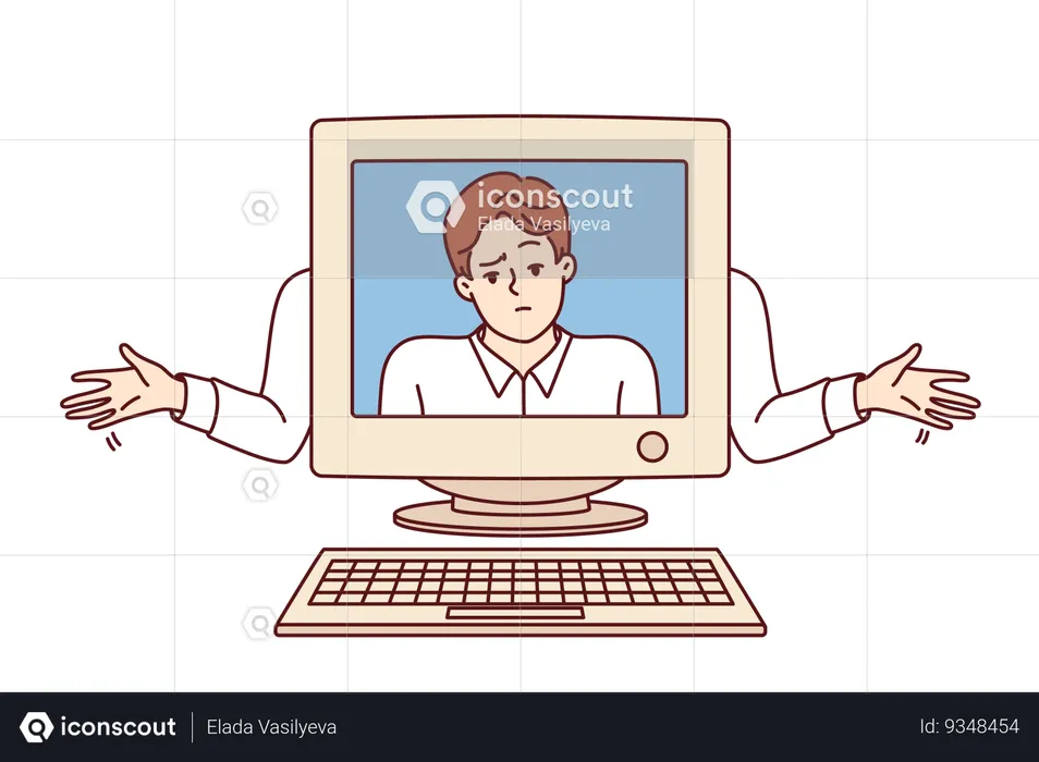 Old computer with disappointed man on screen as metaphor outdated technologies  Illustration