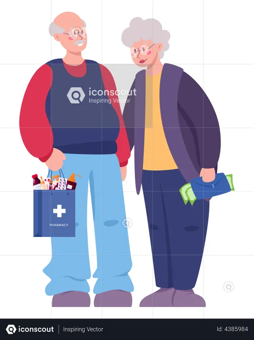 Old couple buying medicine in pharmacy store  Illustration